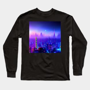 Ai Generated Art Scenery - Futuristic City Skyline With Neon Street Lights And Blue Moon Long Sleeve T-Shirt